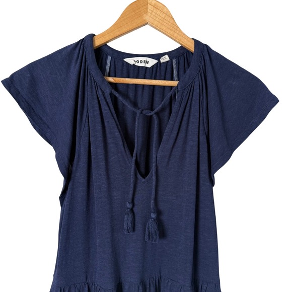 BODEN Navy Blue Tiered Midi Dress Flutter Sleeve Tie Neck, Size 8 - Picture 3 of 9